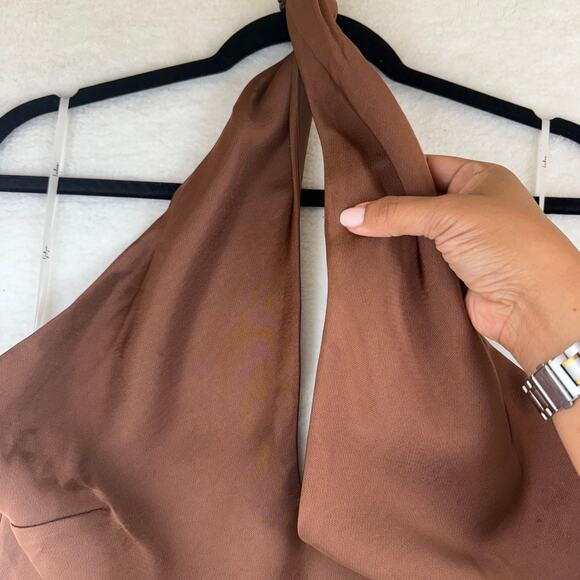 Lulus Satin Halter Midi Dress Brown Sz L NWT | Open Back Wedding Guest Gown - Picture 9 of 16